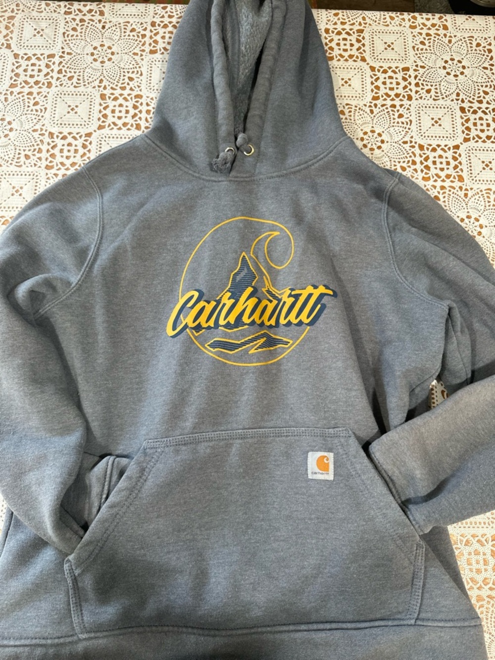 Carhartt Hoodie Youth Large Gray Graphic Logo Relaxed Fit Sweatshirt 12-14